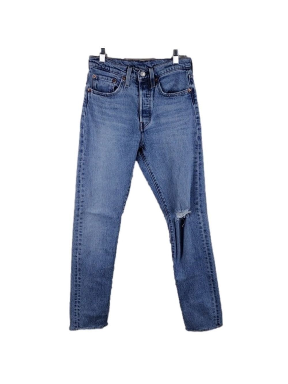Levi's 501 Blue Medium Wash High Rise Button Fly Raw Hem Skinny Leg Jean